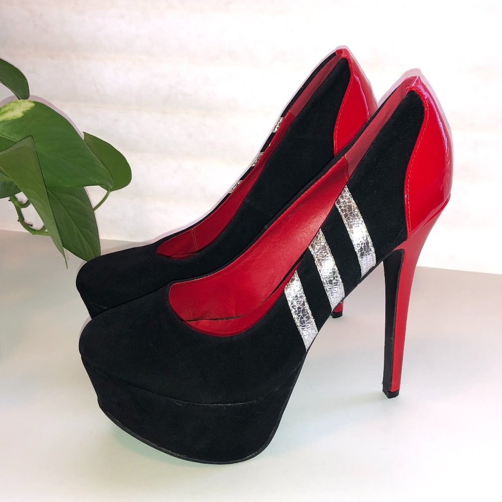 ALMOST NEW! BLACK SUEDE RED PATENT LEATHER SILVER STRIPED PLATFORM SPIKED HEELS